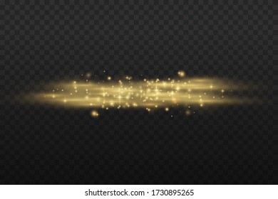 Horizontal light rays, laser beams, beautiful light flare, flash yellow horizontal lens flares pack, glow yellow line on transparent background, bright gold glare, vector illustration, eps 10. 