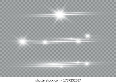 Horizontal light rays, laser beams, beautiful light flare, flash yellow horizontal lens flares pack, glow yellow line on transparent background, bright gold glare, vector illustration, eps 10.