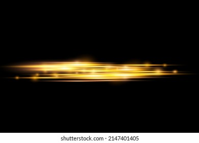 Horizontal light rays, laser beams, glow yellow line on black background, beautiful light flare, bright gold glare, flash yellow horizontal lens flares pack, vector illustration, eps 10.