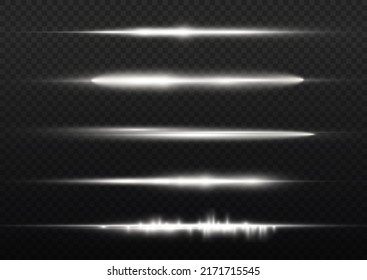 Horizontal light rays, laser beams, glow white line on transparent background, beautiful light flare, bright glare, flash white horizontal lens flares pack, vector illustration, eps 10.