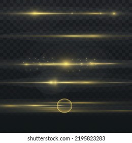 Horizontal light rays, laser beams, beautiful light flare, flash yellow horizontal lens flares pack, glow yellow line on transparent background, bright gold glare, vector illustration, eps 10.