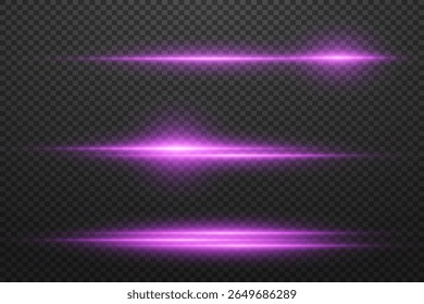 Rayos de luz Horizontales, línea púrpura sobre fondo transparente, hermoso destello de luz, Eps 10.