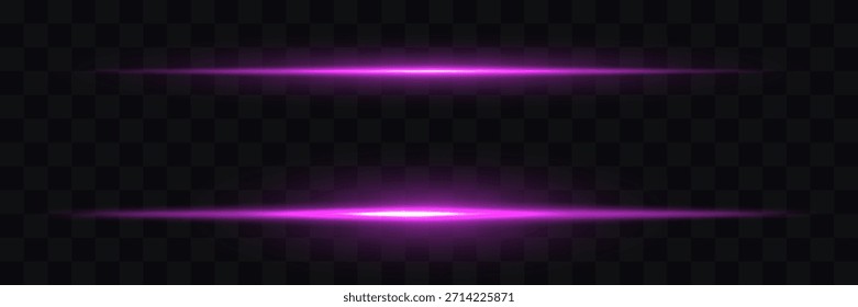 Horizontal light rays, purple line on transparent background, beautiful flash of light, Eps 10. Purple horizontal lens flares pack. Set of abstract lens flares, glowing stars and sparkles. Vector.