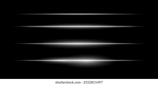 Horizontal light streaks set. Thin glowing lines, white illumination, futuristic light effects, abstract design, minimal glow, decorative elements, smooth gradients, modern visuals