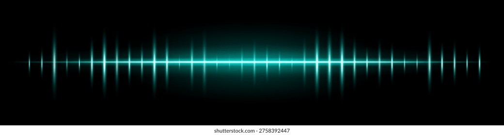 Horizontal light waveform composition. Bright glowing line, vertical pulse spikes, radiant center, dark gradient backdrop, abstract audio signal atmosphere, luminous energy effect.