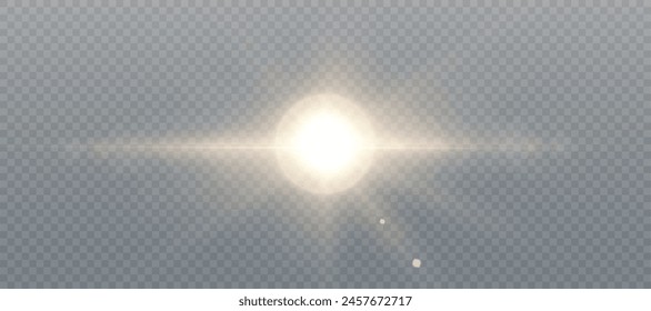 Horizontal lighting effects. Bright golden shimmering translucent light on a transparent background.