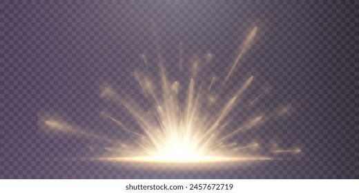 Horizontal lighting effects. Bright golden shimmering translucent light on a transparent background.