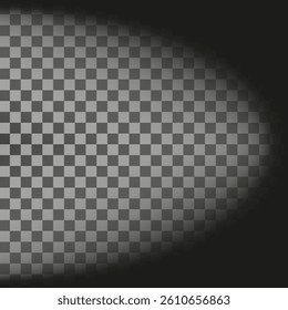 Horizontal lighting overlay. Light gradient shape. Transparent checkerboard texture. Vector glow effect.