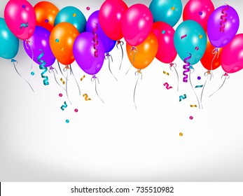 Horizontal line, border of shiny colorful balloons, party banner, poster, greeting card decoration element, realistic vector illustration. Bunch, group, line of colorful shiny balloons