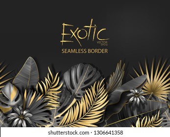 Línea horizontal sin costuras floral hecha con hojas doradas y negras de plantas tropicales sobre fondo gris oscuro. Frontera tropical de bosques tropicales. Ilustración vectorial.