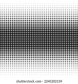 Horizontal line halftone dot texture pattern. An arrangement of black circular shapes. Isolated on a white background.