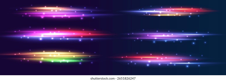 Linha horizontal com efeito de luz de néon. Listras de luz coloridas brilhantes. EPS 10.