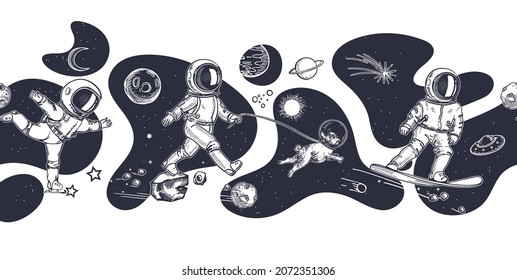 Horizontal line seamless pattern. The astronaut walks the dog. The astronaut is engaged in figure skating. Astronaut on a snowboard. Space background. 