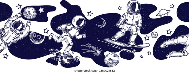 Horizontal line seamless pattern. Running and jumping astronauts. Astronaut on a snowboard. Space background. Vector illustration. Sketch graphics.