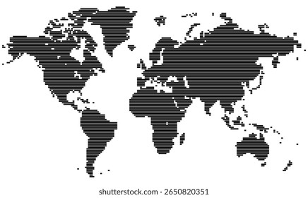 A horizontal line shape world map with pixelated continents forming abstract geography. This modern vector design blends technology and earth. A striking art piece with global symmetry.