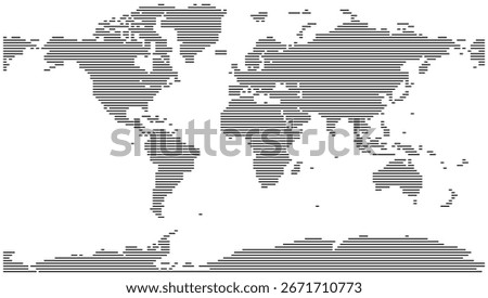 Horizontal line shape world map shows all the continents with a unique style. Horizontal line map design is a creative way to display global geography.