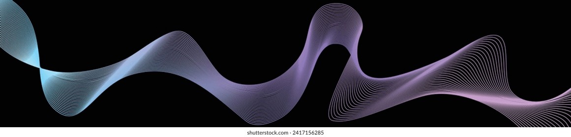 Horizontal line waves colorful gardient vector isolated black background in blue, purple and pink fit for AI technology, science, sound waves