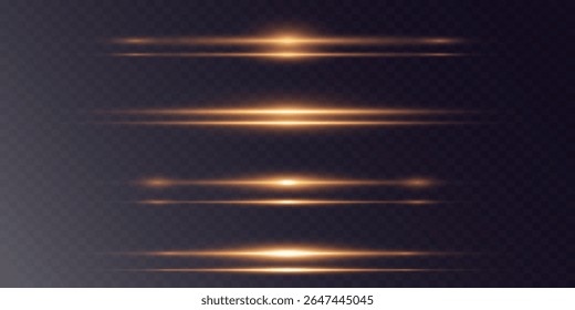Horizontal linear rays, glitter explosion. Gold and yellow flashes of light, glowing line.EPS 10.
