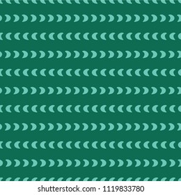 Horizontal lined up moon crescents. Light blue shapes on a teal background. Abstract geometric background. Seamless vector pattern.