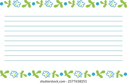 Horizontal lined paper with decorative floral border Cute diary blank with flowers frame Suitable for stationary, print, writings daily note pad, school Notepad paper note book page design Copy space