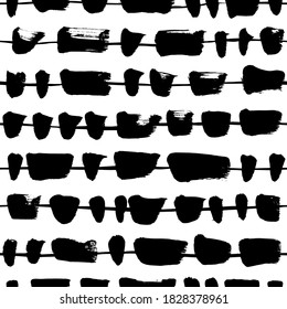 Horizontal lines with abstract splotch vector seamless pattern. Black and white simple dotted lines background. Stripes with blots in the form of a garland. Creative wallpaper, textile print design