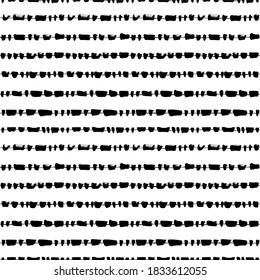 Líneas horizontales con el vector de splotch abstracto sin fisuras. Fondo de líneas punteadas simples, en blanco y negro. Tiras con manchas en forma de guirnalda. Papel de pared creativo, diseño de impresión textil