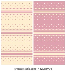 Horizontal lines and dots pattern, seamless texture background. Light-Yellow and Pink abstract backgrounds. 2 color options. Vector