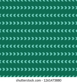 Horizontal lines of moon crescents. Lined up teal shapes on a emerald green background. Seamless vector pattern. Abstract geometric background