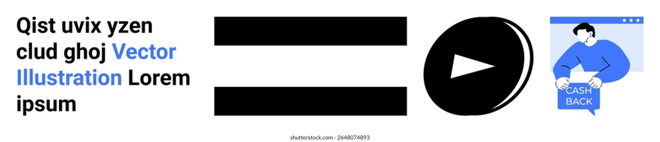 Horizontal lines symbolize equality adjacent to a play button. Nearby, a person holding a laptop is depicted next to a sidebar element. Ideal for educational materials, social media, web design