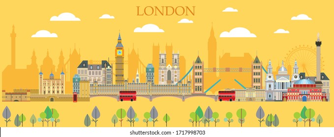 Horizontal London travel colorful illustration with architectural landmarks. Panoramic flat illustration, English tourism and journey vector background. Front view London traveling concept. 