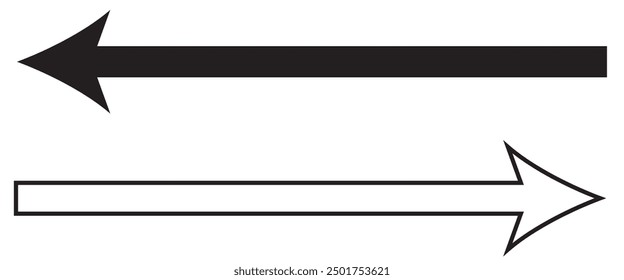 Horizontal long arrow. Flat style and line long arrow in black color.