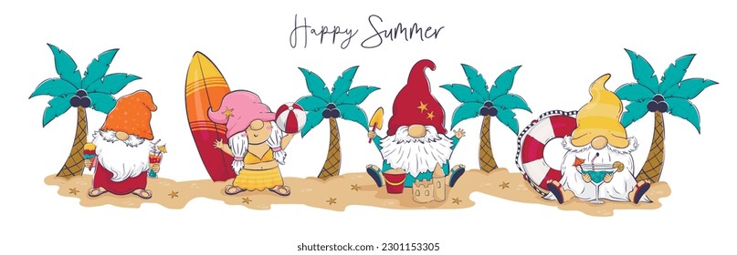 Horizontal long banner with cartoon gnomes on the beach. Happy summer. Active recreation on the background of palm trees