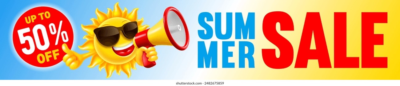 Horizontal long banner design for summer sale with 3d cheerful sun with megaphone speaker and percentage discount tag, on the vibrant background with place for text. Vector illustration