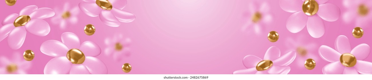 Horizontal long banner with pink daisy flowers with golden cores, on the pink background with place for text. Vector illustration