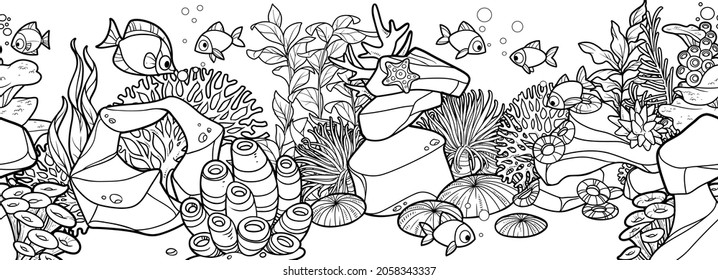 Fondo horizontal, largo y transparente, de peces de los fondos marinos y de los habitantes, corales, anémonas, algas marinas y dibujo lineal de las estrellas para la página de color