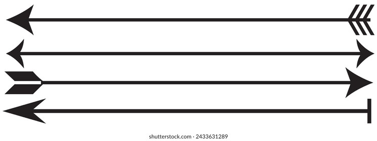 Horizontal long straight arrow signs. Black pointer, direction, position symbol and double arrow icon isolated on white background. 