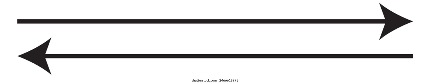 : Horizontal long straight arrow signs. Black pointer, direction, position symbol and double arrow icon isolated on white background