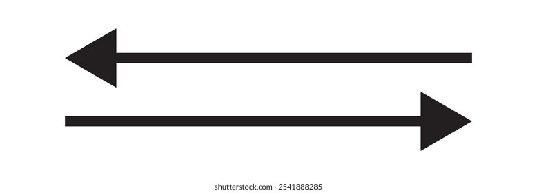 Horizontal long straight arrow signs. Black pointer, direction, position symbol and double arrow icon isolated on white background.