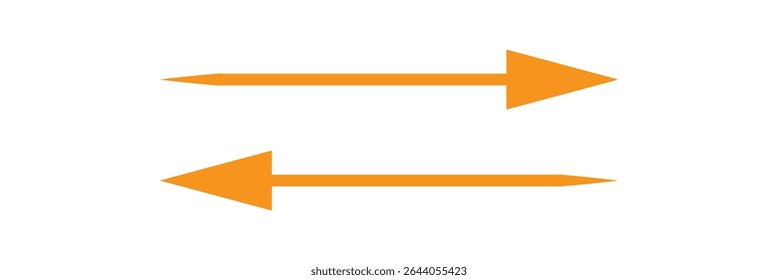 Horizontal long straight arrow signs. Orange pointer, direction, position symbol and double arrow icon isolated on white background. Vector Illustration.