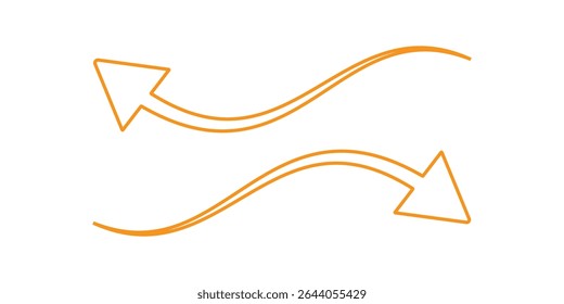 Horizontal long straight arrow signs. Orange pointer, direction, position symbol and double arrow icon isolated on white background. Vector Illustration.