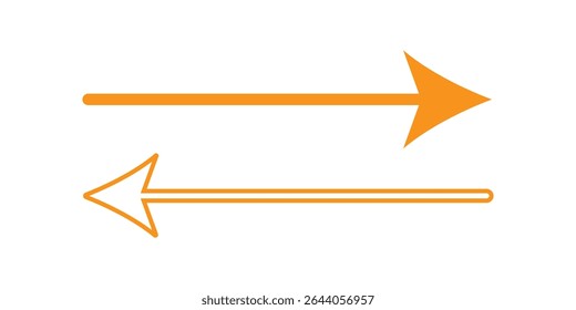 Horizontal long straight arrow signs. Orange pointer, direction, position symbol and double arrow icon isolated on white background. Vector Illustration.