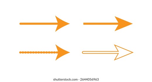Horizontale lange gerade Pfeilzeichen. Orangefarbener Zeiger, Richtung, Positionssymbol und Doppelpfeilsymbol einzeln auf weißem Hintergrund. Vektorgrafik.
