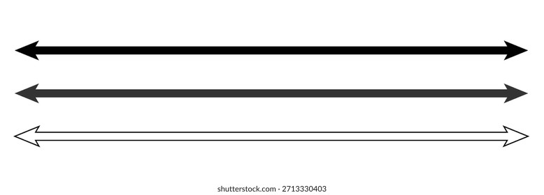 Signos de flecha recta larga Horizontal. Puntero negro, dirección, símbolo de posición e icono de flecha doble aislado sobre fondo blanco. Ilustración vectorial.