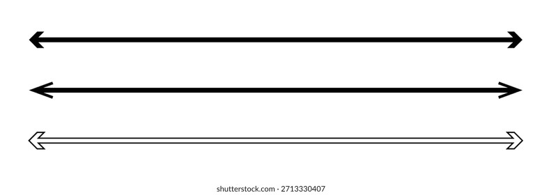 Horizontal long straight arrow signs. Black pointer, direction, position symbol and double arrow icon isolated on white background. Vector Illustration .