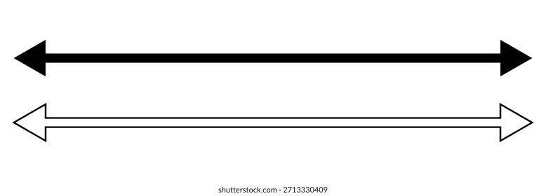 Signos de flecha recta larga Horizontal. Puntero negro, dirección, símbolo de posición e icono de flecha doble aislado sobre fondo blanco. Ilustración vectorial.