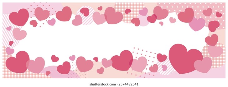 Horizontal long transparent banner frame with cute pink hearts and patterns