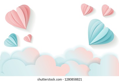 Horizontal Love card for Valentine's day with free space for your text.3D flying pink and blue Paper heart and clouds. Romantic hearts on white background. Vector paper craft style. Bulk banner for ad
