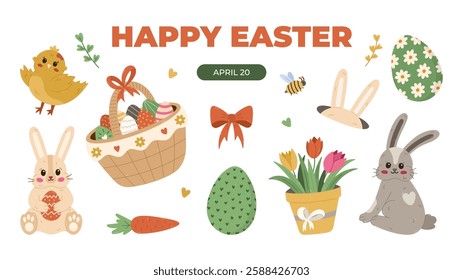 Horizontal lovely banner for Happy Easter Day with clipart of furry Easter bunny, basket full of painted eggs, chick, tulip pot. Colorful holiday poster, website, social media post in pastel colors.