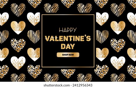 Horizontal luxury banner for Valentines Day. Metallic holographic Y2k sticker, Gold Shining gradient heart on fire, animalistic pattern. Zebra, leopard, tiger. foil in 2000s style. Flame. 90s, 00s.