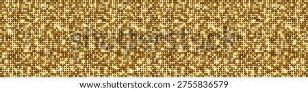 Horizontal luxury premium golden glitter background, gold bokeh lights, sparkles and glares. Abstract glowing sequin wall. Empty polka dot gold festive, elegant New Year backdrop vector EPS10